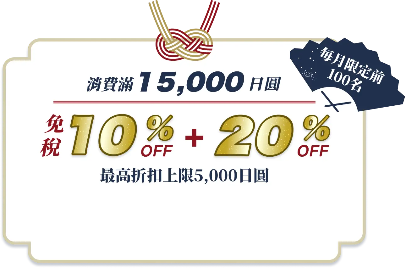 消費滿15,000日圓 免税10%OFF + 20%OFF